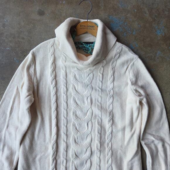 Banana Republic Cable Knit Sweater Dress Size M Cream Turtleneck Cotton Blend - Picture 2 of 8